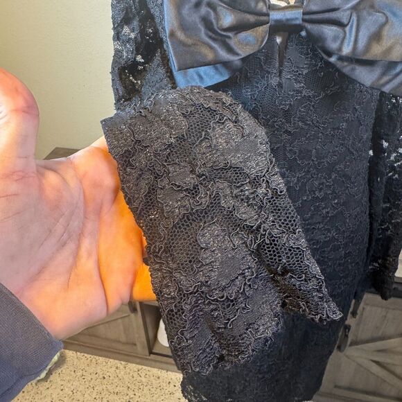 Vintage Gunne Sax Black Lace Bow Midi Dress Sz 13/14 Long Sleeve Off Shoulder - Picture 3 of 8